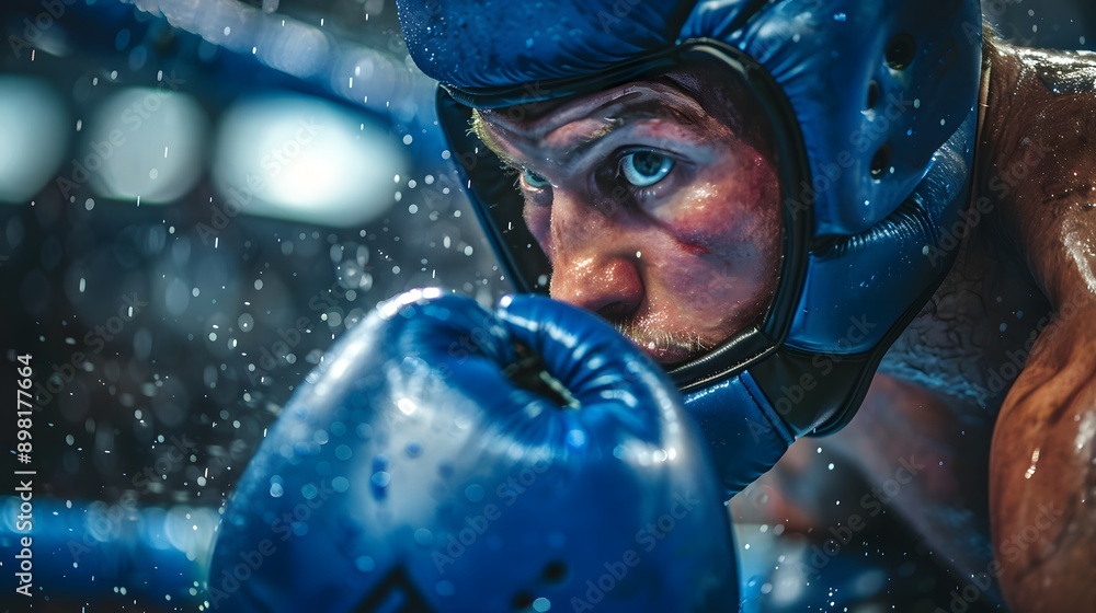 male boxer in blue protective gear prepares for a punch male boxer in blue protective gear prepares for a punch