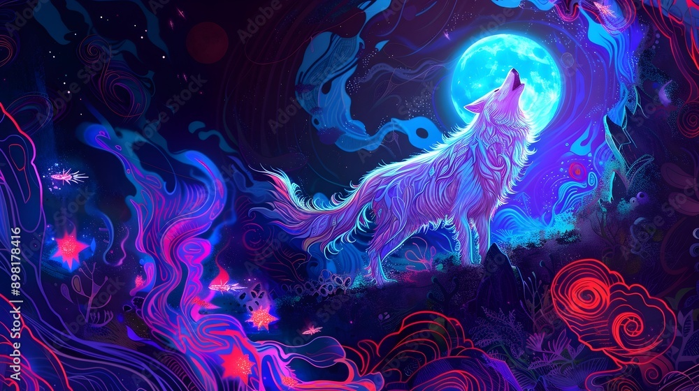 Fototapeta premium Howling Wolf Under Luminous Fantasy Moonlit Landscape