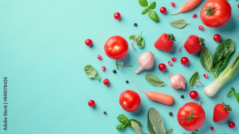 Fresh Vegetables and Fruits on Blue Background Fresh Vegetables and Fruits on Blue Background