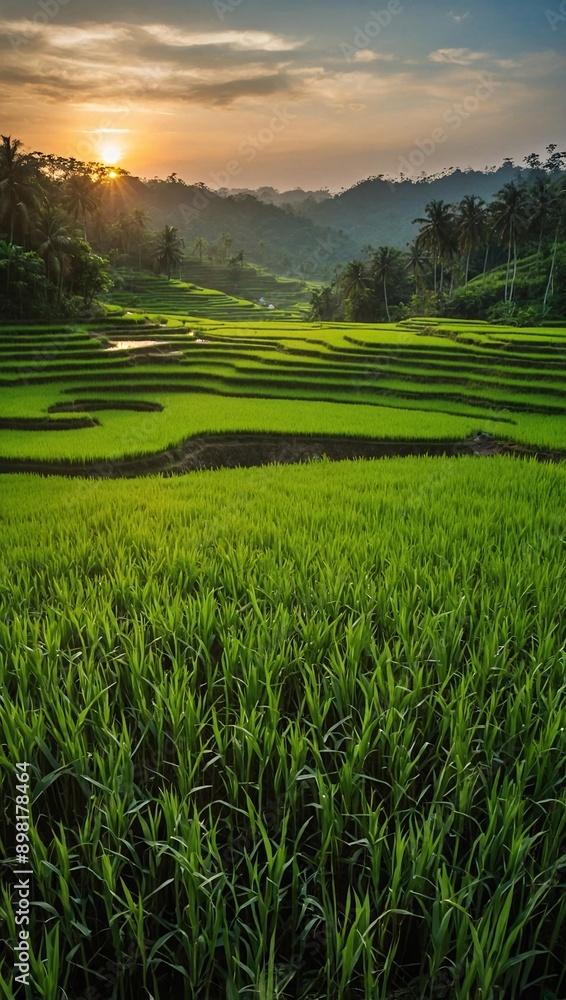 Gorgeous sunrise view over verdant rice field Gorgeous sunrise view over verdant rice field
