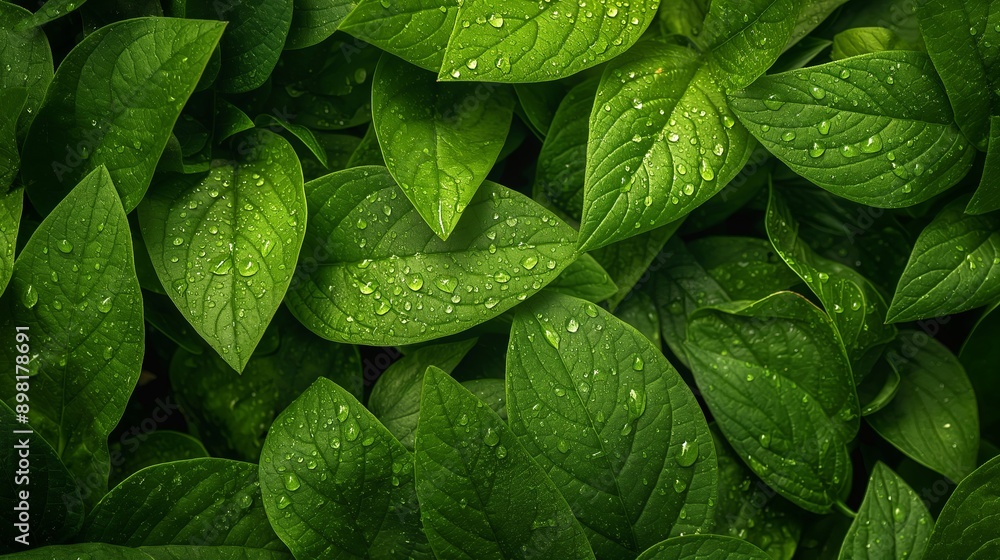 Fototapeta premium A group of green leaves with droplets of water on them. Green background