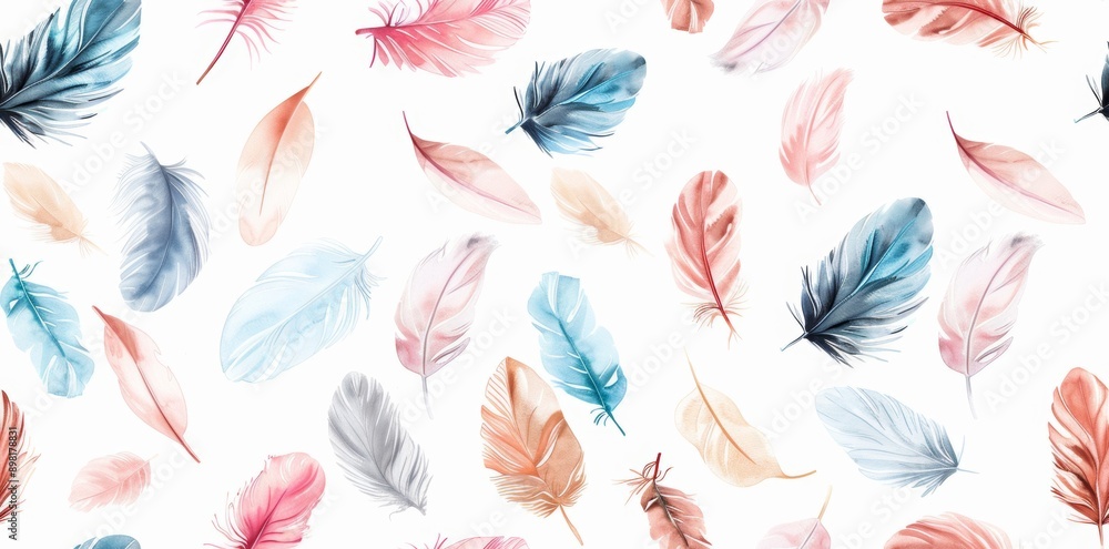 Fototapeta premium Feather designs in a soft and light seamless boho pattern, rendered in watercolor style
