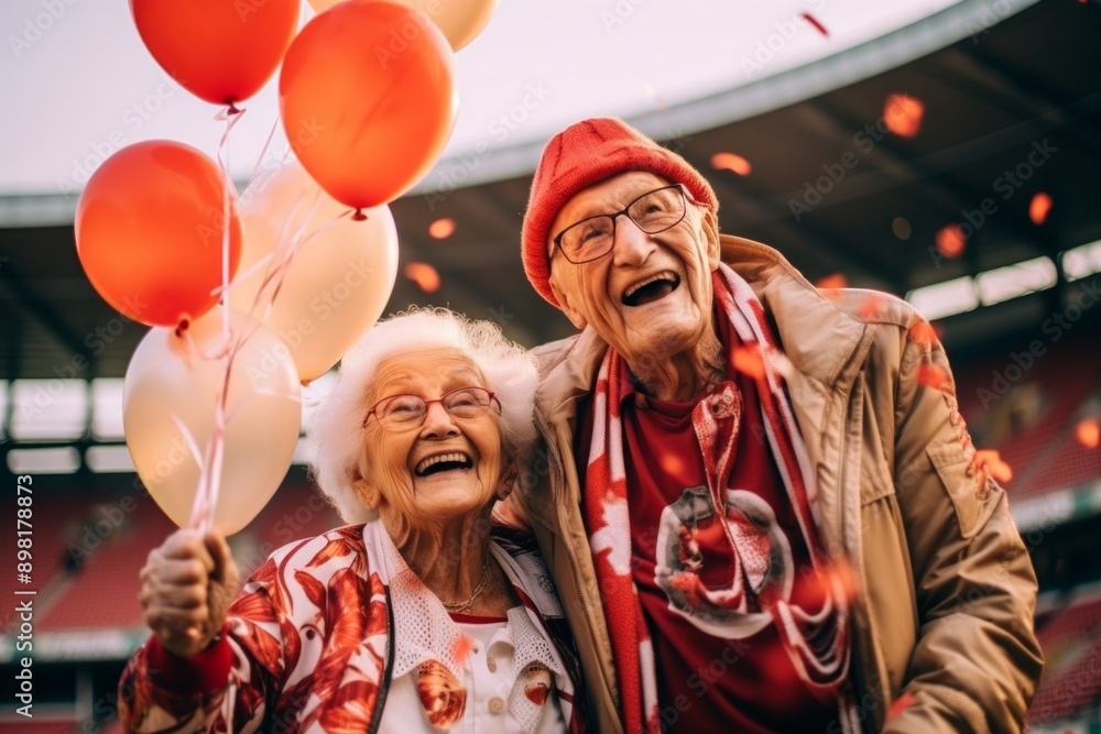 Obraz premium Elderly couple, cheerful, holding red, white balloons, outdoor stadium, celebrating, smiling, love, happy, festive, sports fan concept