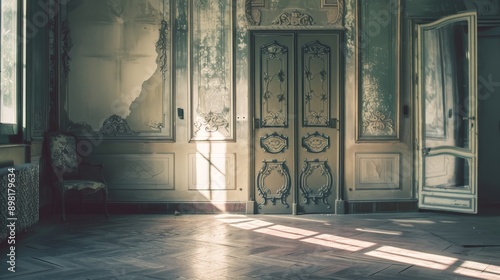 A sunbeam illuminates the interior of an abandoned room highligh photo