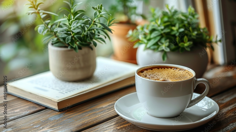 Simple and clean background with book, a coffee cup, and a green plant. Blank space in the center Simple and clean background with book, a coffee cup, and a green plant. Blank space in the center