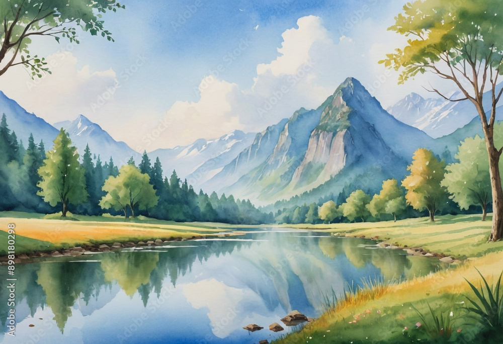 Obraz premium Watercolor painting of a serene landscape. 
