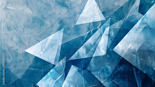 White triangle pieces set against an abstract geometric textured background of light and blue.