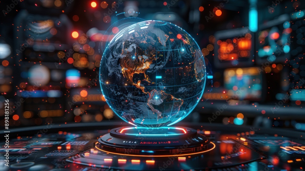 An illuminated digital globe presenting climate data and environmental metrics on public display: ecology and sustainability for a better future An illuminated digital globe presenting climate data and environmental metrics on public display: ecology and sustainability for a better future