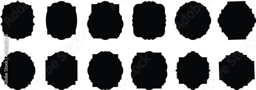 Geometric shapes black silhouette icon set. Abstract blank template for speech bubble, message balloon, text note badge, price tag, paper memory sticker, think cloud frame, web banner.