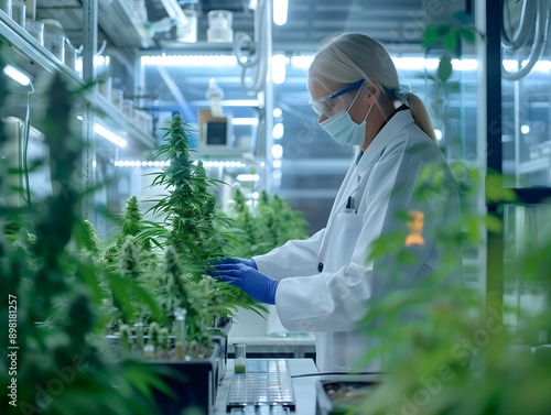 
modern medical laboratory with cannabis plants in the background, advanced medical equipment with a focus on cannabis research, scientists in lab coats examining cannabis samples photo