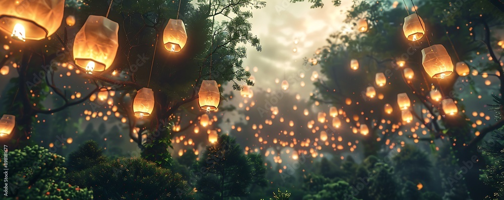 Fototapeta premium A sea of lanterns floating above a lush forest, their warm light casting a gentle glow on the treetops.