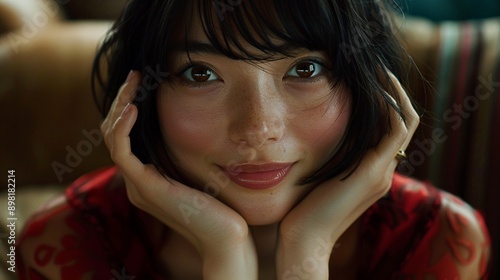 Cute Japanese woman with short hair smiling and touching her face in the living room, close-up of hands for skincare concept, beauty portrait. High quality photography with soft light and high resolut photo