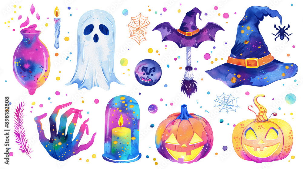 Fototapeta premium Set of isolated Halloween decoration elements in cute doodle hand-drawn watercolor illustration style on transparent background, Volume 4: Vibrant neon rainbow color tone.
