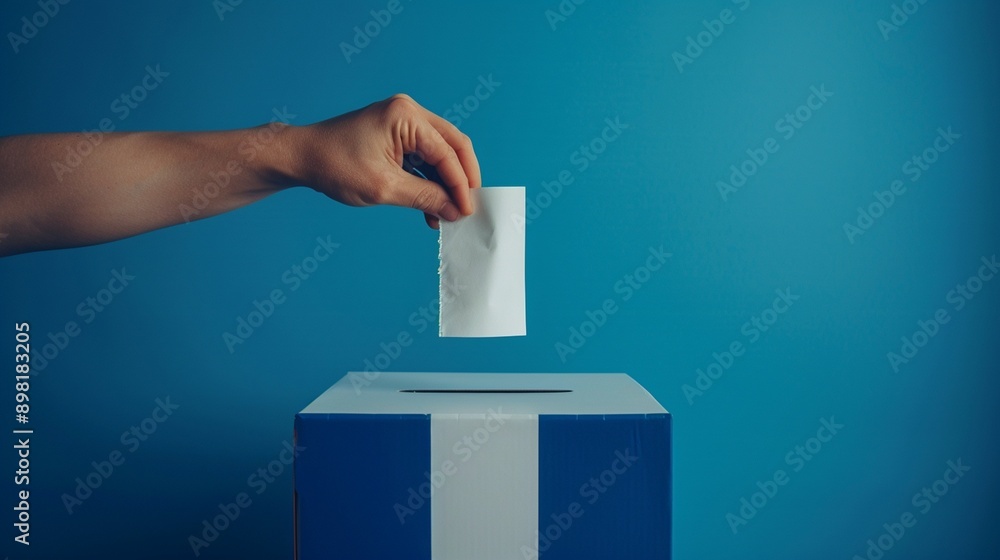 The hand is putting a white paper into a rectangular ballot box with the colors of the French flag, blue background. France flags are on both sides of the picture. It is a flat lay The hand is putting a white paper into a rectangular ballot box with the colors of the French flag, blue background. France flags are on both sides of the picture. It is a flat lay