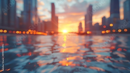 Blurred Sunset View of Chicago's Skyline Along the River During a Tour Boat Ride