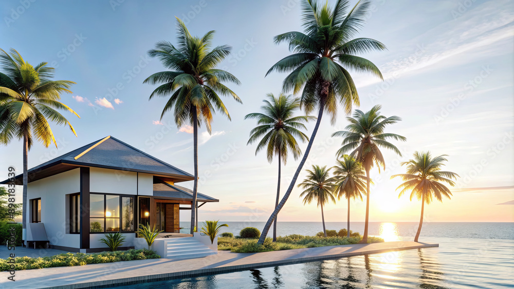 Fototapeta premium A modern, single-story house with an infinity pool sits on a tropical beach at sunset, surrounded by tall palm trees