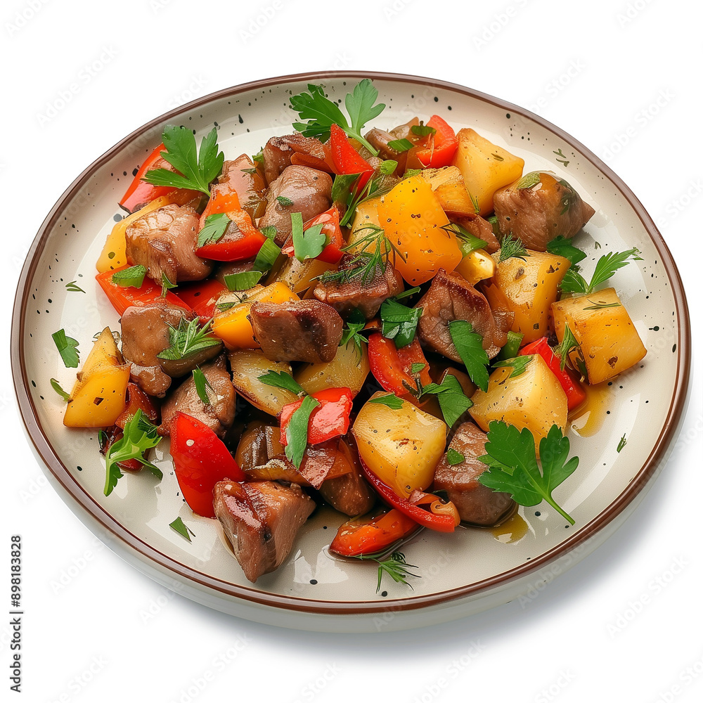 Beef stew with potatoes and vegetables on plate isolated on transparent background Beef stew with potatoes and vegetables on plate isolated on transparent background