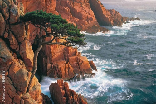 A lone tree perched on rugged red cliffs overlooking a crashing ocean photo