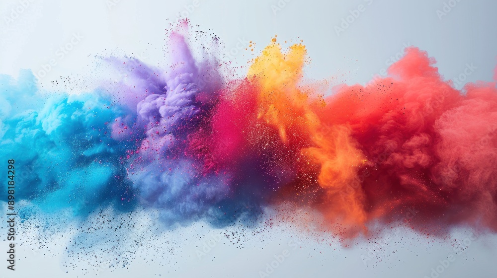 A burst of vibrant colored powder erupts, suspended in mid-air against a pristine white background, showcasing hues of cyan, magenta, yellow, and black toner in a mesmerizing display of color A burst of vibrant colored powder erupts, suspended in mid-air against a pristine white background, showcasing hues of cyan, magenta, yellow, and black toner in a mesmerizing display of color