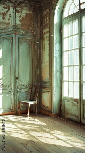 An abandoned mansion room with peeling paint and dust covering t photo