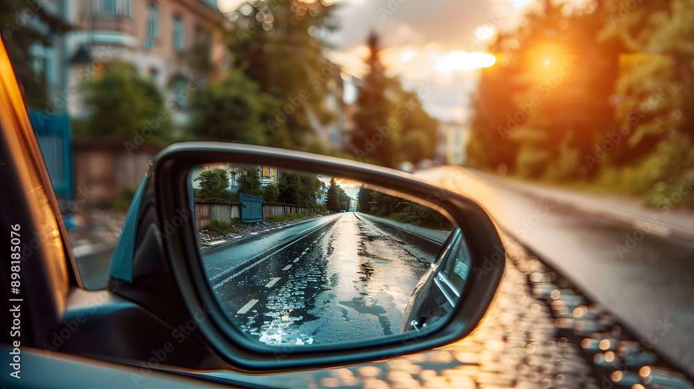 Car side mirrors that reflect the road and scenery behind The mirror captures the image behind in detail. Emphasis is placed on the driver's perspective. Themes related to driving, travel and safety. Car side mirrors that reflect the road and scenery behind The mirror captures the image behind in detail. Emphasis is placed on the driver's perspective. Themes related to driving, travel and safety.