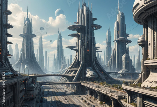  Digital illustration of a sci-fi city. 