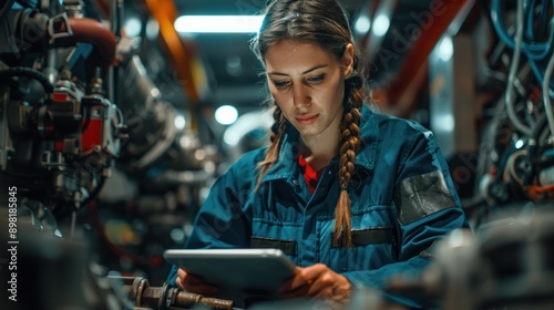 A digital tablet is used by a diagnostic process service technician to retrieve data in real time and identify any underlying problems influencing the operation of the vehicle engine.