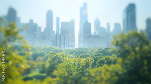 Blurred Cityscape with Towering Skyscrapers and Lush Green Park in the Foreground