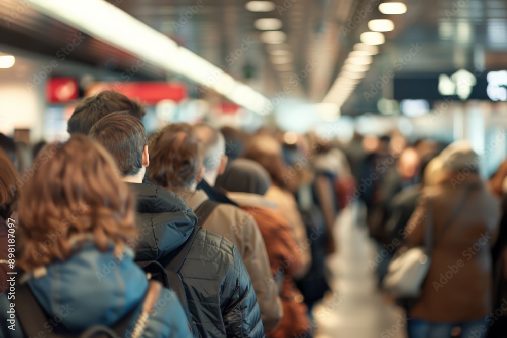 A crowd of travelers fills a bustling airport terminal, with many individuals seen from behind as they move forward, highlighting the dynamic rhythm of travel. A crowd of travelers fills a bustling airport terminal, with many individuals seen from behind as they move forward, highlighting the dynamic rhythm of travel.