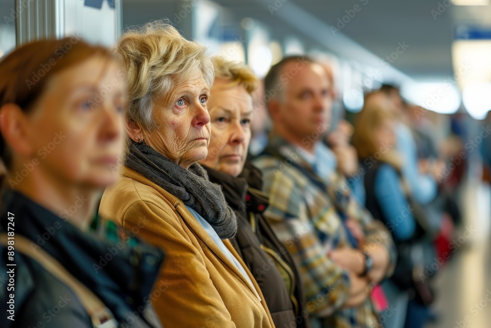 An elderly woman stands in a crowded space, looking focused and serious, highlighting themes of waiting, patience, and the passage of time in public settings. An elderly woman stands in a crowded space, looking focused and serious, highlighting themes of waiting, patience, and the passage of time in public settings.