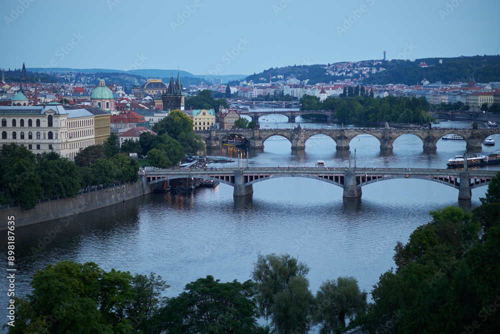 Obraz premium Aerial cityscape evening view of Prague, capital of Czech Republic, view from Letna park