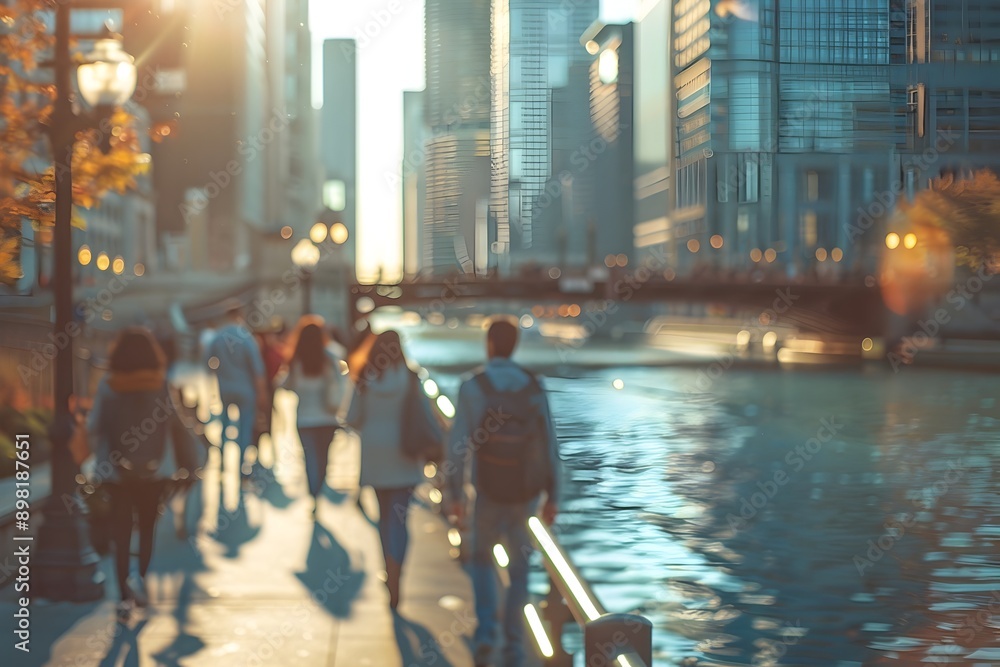 Obraz premium Blurred Evening Cityscape of People Strolling Along Waterfront in Downtown Urban Area