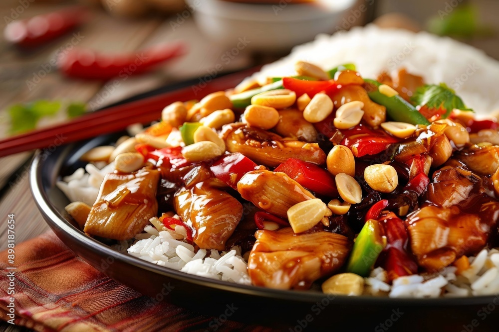 A delectable serving of stir-fried chicken mixed with vibrant vegetables and peanuts, accompanied by a mound of steamed rice, presented on a black plate. A delectable serving of stir-fried chicken mixed with vibrant vegetables and peanuts, accompanied by a mound of steamed rice, presented on a black plate.
