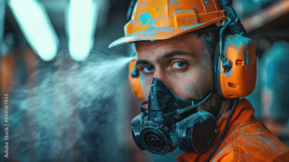 A car painter in a specialized chamber workshop carefully applies metallic paint and varnish to an automobile bumper while wearing protective clothing and a mask to ensure a perfect finish. A car painter in a specialized chamber workshop carefully applies metallic paint and varnish to an automobile bumper while wearing protective clothing and a mask to ensure a perfect finish.