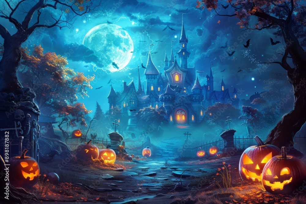Halloween night with pumpkins and a haunted castle in the background, a digital art illustration for use as a wallpaper or poster design. Halloween night with pumpkins and a haunted castle in the background, a digital art illustration for use as a wallpaper or poster design.