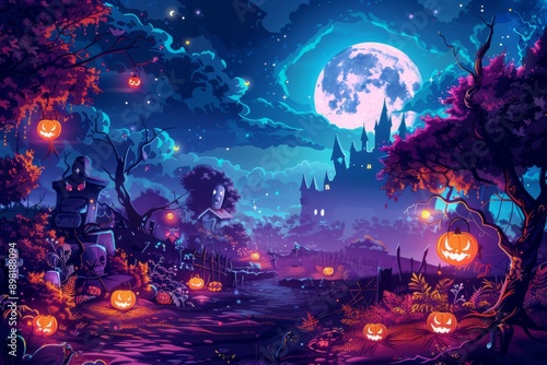 Halloween night with pumpkins and a haunted castle in the background, a digital art illustration for use as a wallpaper or poster design.