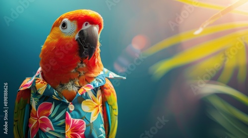 A lively and cheerful parrot donning a colorful Hawaiian shirt, presented against a sunlit backdrop, exuding a playful and vibrant summer vibe. photo