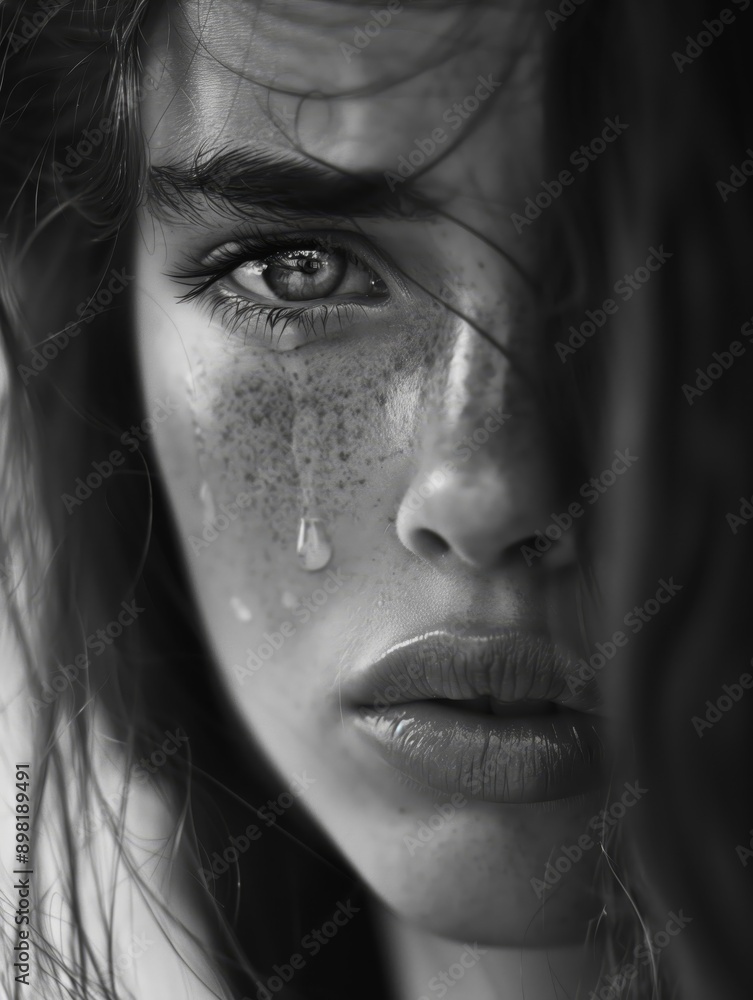 Obraz premium Close up black and white image of a sad teenage girl with tears in her eyes and freckles on her face