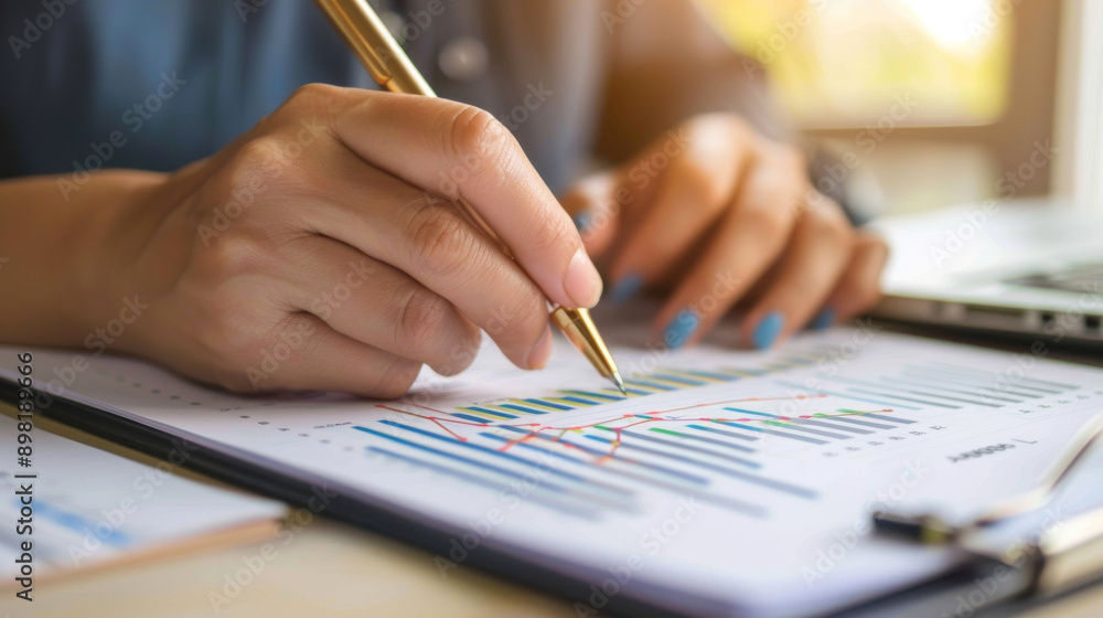 Professional hand writing in a premium notebook with financial projections Professional hand writing in a premium notebook with financial projections