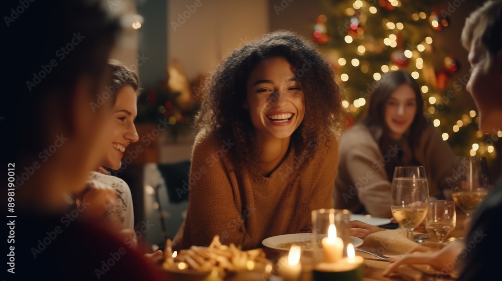 holidays, celebration and people concept. happy multi-ethnic friends having christmas dinner at home. holidays, celebration and people concept. happy multi-ethnic friends having christmas dinner at home.