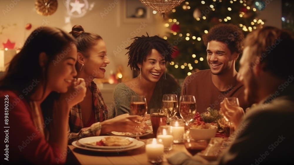 holidays, celebration and people concept. happy multi-ethnic friends having christmas dinner at home. holidays, celebration and people concept. happy multi-ethnic friends having christmas dinner at home.