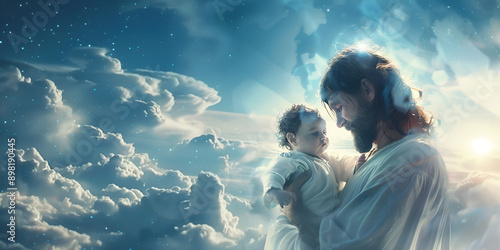 Jesus holding the baby with shining sky and cloud background,Jesus holding baby on blue sky © Johnm