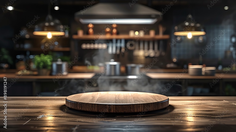 Wooden Tabletop with Blurred Kitchen Background. Wooden Tabletop with Blurred Kitchen Background.