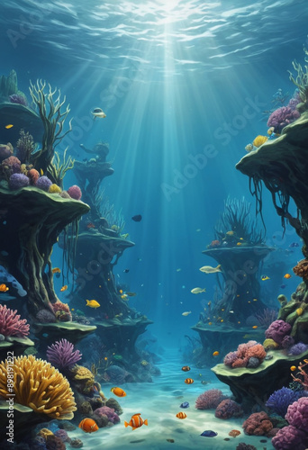  Digital painting of an underwater scene. 