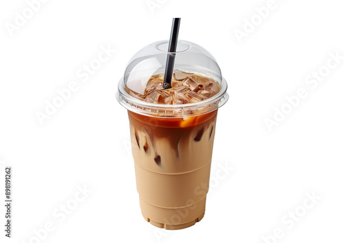 Iced cold coffee latte in plastic cup isolated on transparent and white background. photo