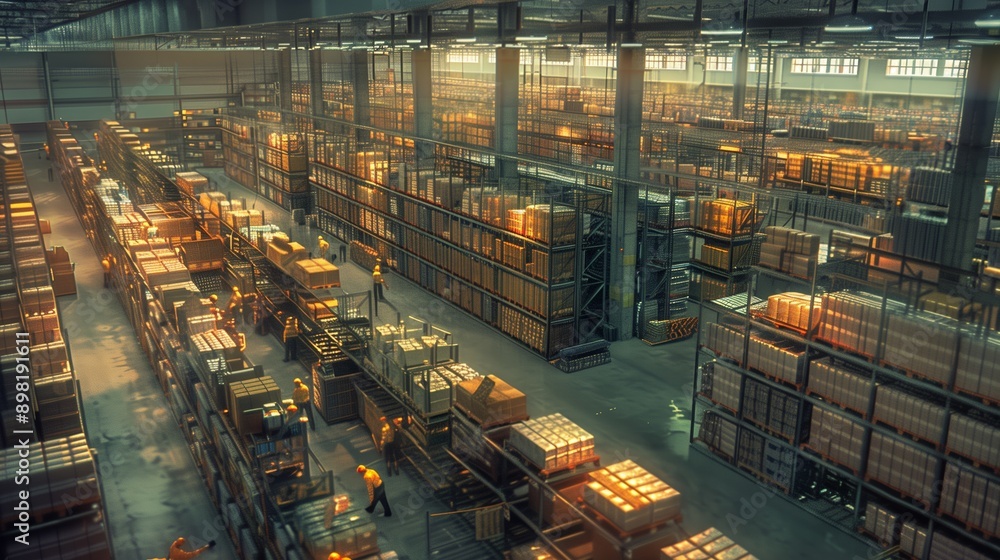 Large warehouse filled with stacked shelves and busy workers, illuminated by industrial lighting, showcasing a hub of logistics and activity. Large warehouse filled with stacked shelves and busy workers, illuminated by industrial lighting, showcasing a hub of logistics and activity.