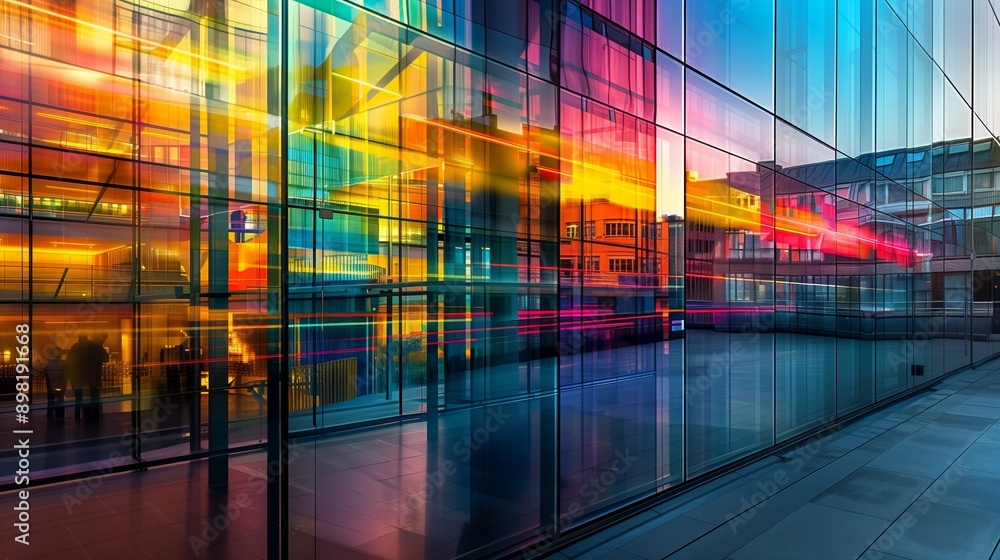 Modern glass building displaying vibrant and colorful light reflections, creating a dynamic and futuristic urban scene. Modern glass building displaying vibrant and colorful light reflections, creating a dynamic and futuristic urban scene.