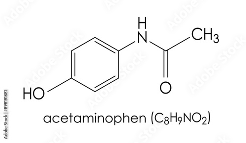 Acetaminophen (paracetamol) chamical formula, scheme of molecular structure