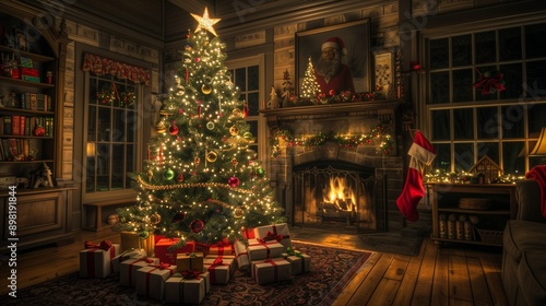 Warm and festive living room featuring a decorated Christmas tree, glowing fireplace, and wrapped presents, creating a cozy holiday atmosphere.