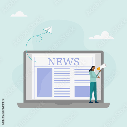 Last news. A character reads news online using a laptop or newspaper. Vector illustration.	